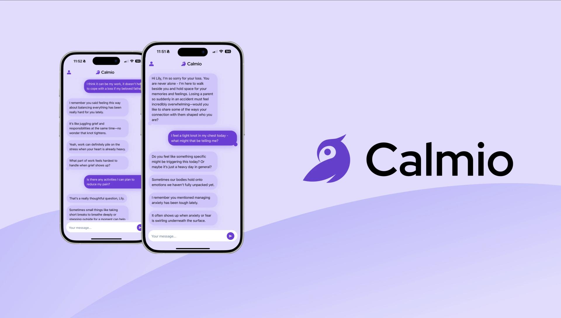 Calmio app interface showing supportive grief counseling chat on mobile phones